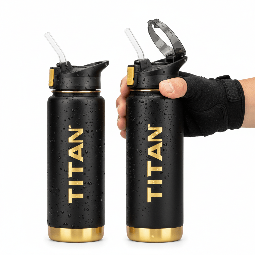 Two matte black 24oz TITAN water bottles with gold logos, straw lids, and gold bases, one held in a gloved hand.