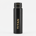 Matte black stainless steel TITAN water bottle with gold lettering, gold accents, and water droplets on surface.