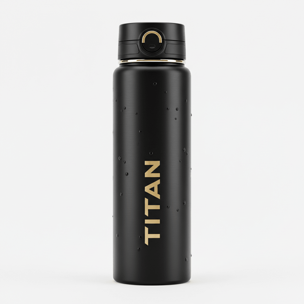 Matte black stainless steel TITAN water bottle with gold lettering, gold accents, and water droplets on surface.