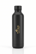 Matte black 40oz TITAN sports bottle with gold logo, textured cap, and embossed honeycomb pattern at the base.