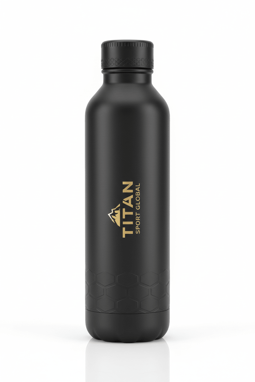 Matte black 40oz TITAN sports bottle with gold logo, textured cap, and embossed honeycomb pattern at the base.