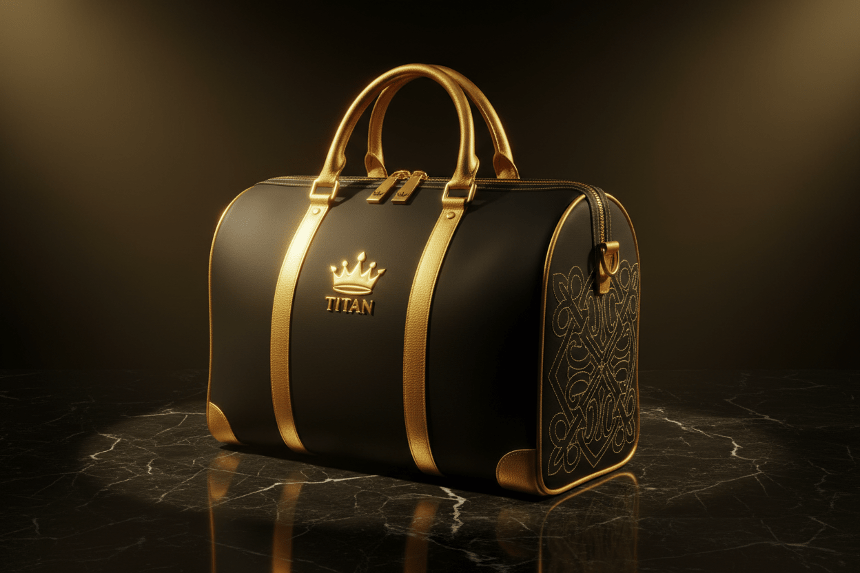Black leather weekender bag with gold handles, trim, and crown logo on a dark marble surface.