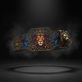 4in leather lifting belt featuring a vibrant crowned lion, roses, and gold-tone lion head buckle on black background.