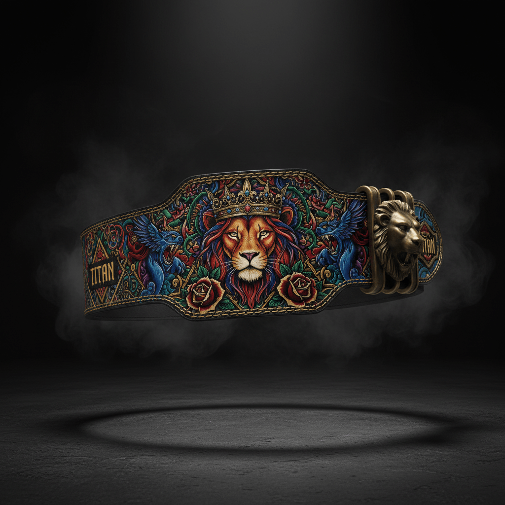 4in leather lifting belt featuring a vibrant crowned lion, roses, and gold-tone lion head buckle on black background.