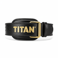 Black leather weightlifting belt featuring gold embroidered TITAN logo and a metallic gold buckle on a white background.