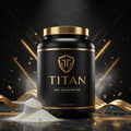 Black and gold tub of Titan Whey Isolate protein with a scoop of powder in front on a dark, elegant background.