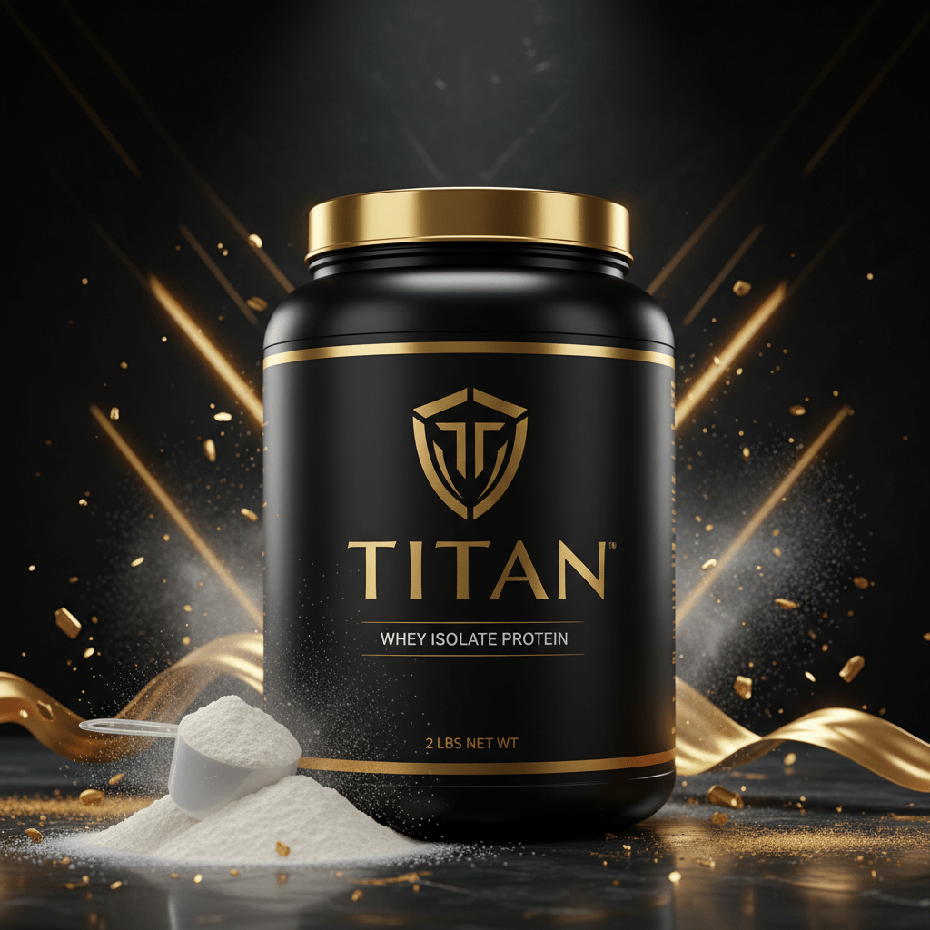 Black and gold tub of Titan Whey Isolate protein with a scoop of powder in front on a dark, elegant background.
