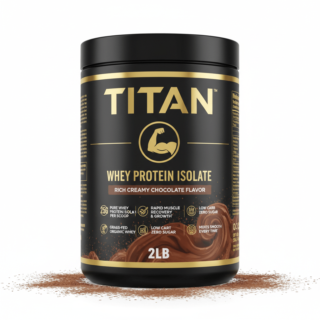 Black tub of TITAN Whey Protein Isolate, Rich Creamy Chocolate flavor, 2lb, gold text on black, cocoa swirl graphic.