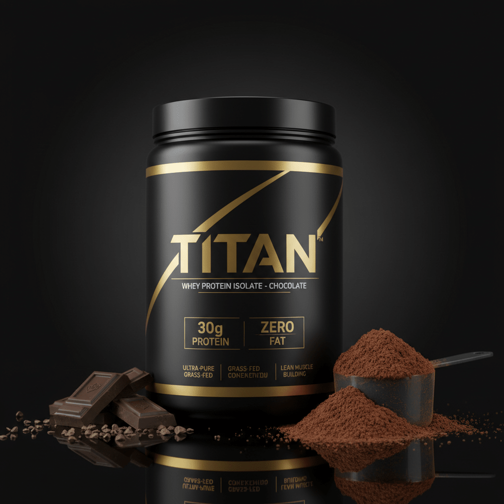 Black tub of Titan Whey Protein Isolate Chocolate with gold text, protein scoop, and chocolate pieces on reflection.