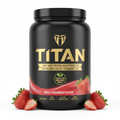 Black tub of TITAN Strawberry Whey Protein Isolate with gold logo and text, surrounded by fresh strawberries.