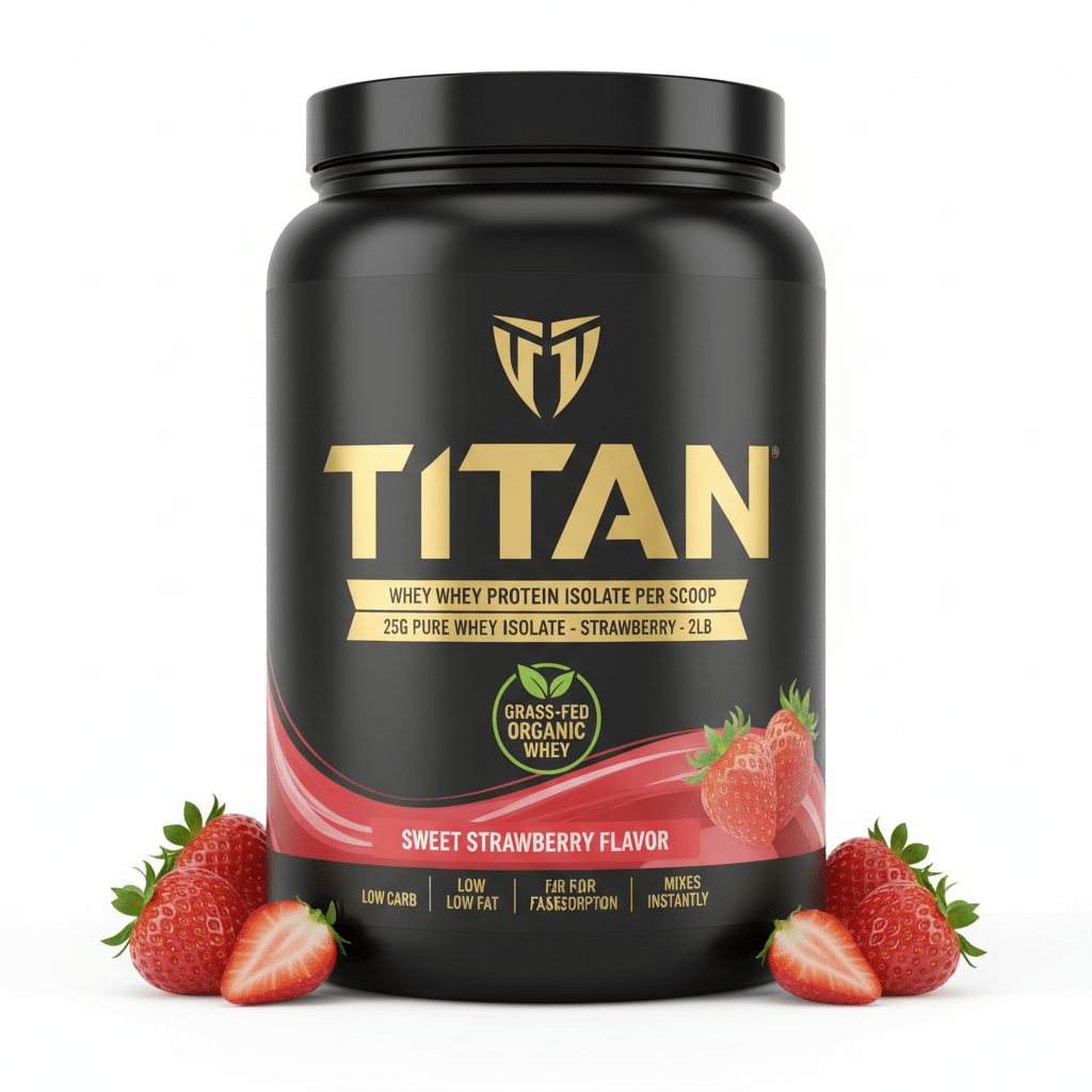 Black tub of TITAN Strawberry Whey Protein Isolate with gold logo and text, surrounded by fresh strawberries.