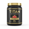 Black canister of TITAN Strawberry Whey Protein Isolate with gold lid, gold text, and strawberry graphic.
