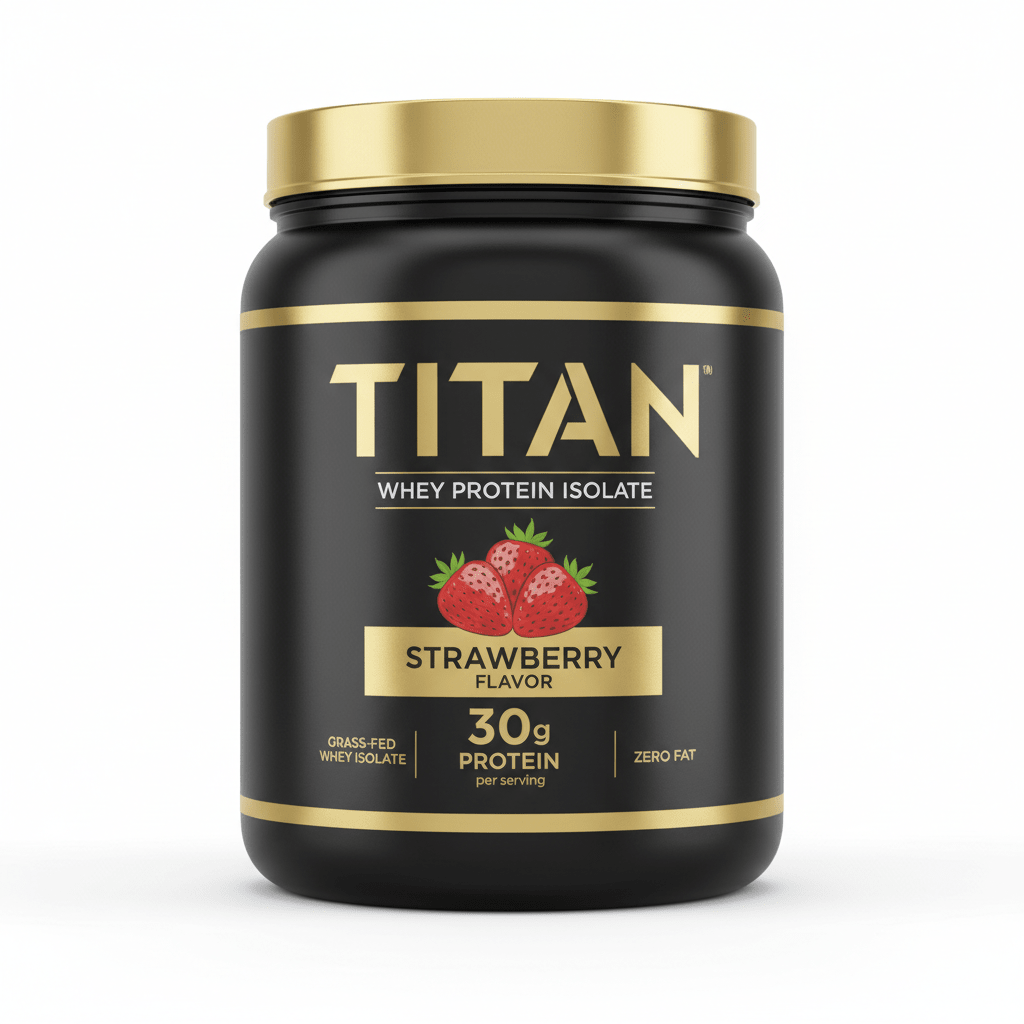Black canister of TITAN Strawberry Whey Protein Isolate with gold lid, gold text, and strawberry graphic.