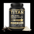 Black 2lb tub of TITAN Whey Protein Isolate, Vanilla flavor, with gold text, vanilla flowers, and powder base.