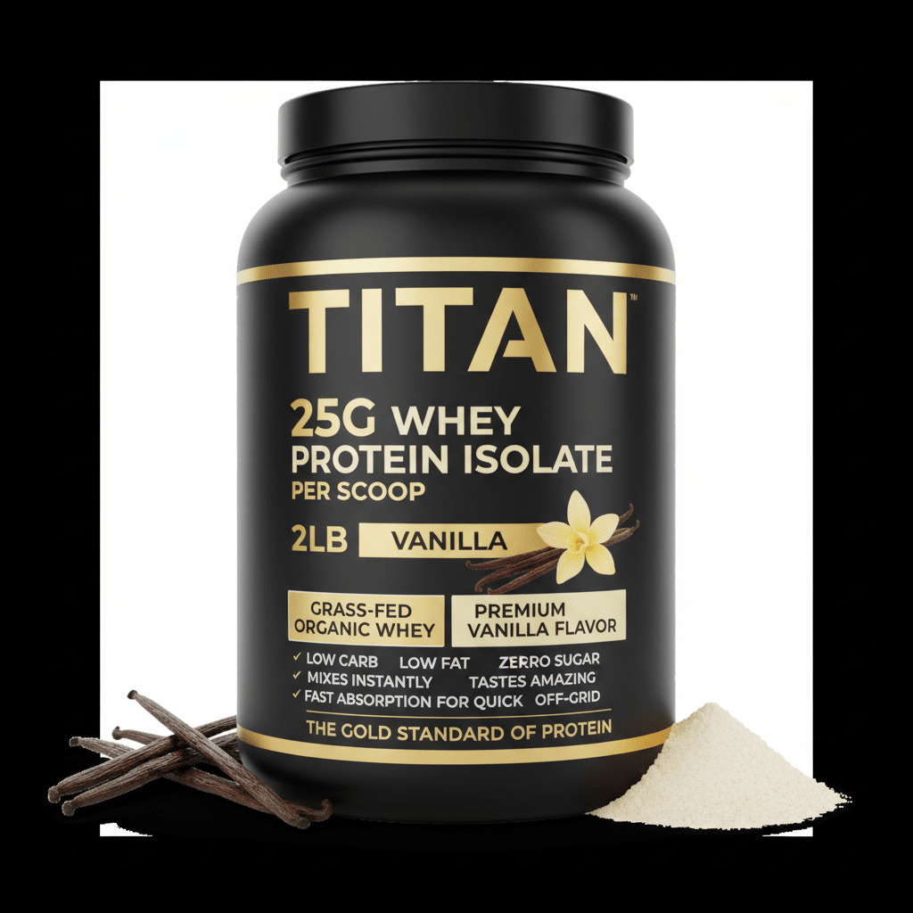 Black 2lb tub of TITAN Whey Protein Isolate, Vanilla flavor, with gold text, vanilla flowers, and powder base.
