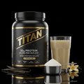 Black tub of TITAN Whey Protein Isolate, vanilla flavor, with a glass of shake, scoop of powder, and vanilla beans.