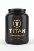 Black 5lb TITAN Whey Protein Isolate jug with gold logo, text, and lid on a white background.