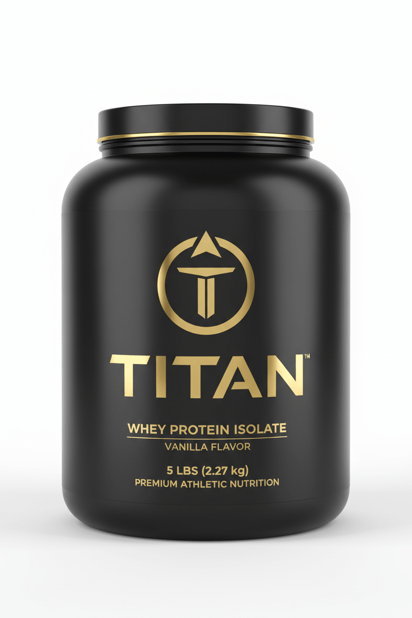 Black 5lb TITAN Whey Protein Isolate jug with gold logo, text, and lid on a white background.