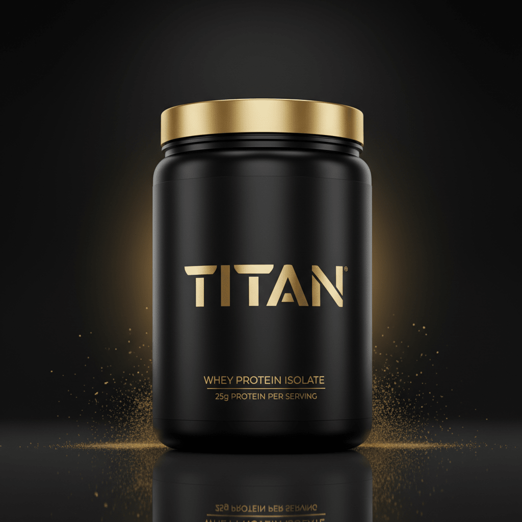 Matte black tub with metallic gold lid and TITAN logo, stating 25g protein per serving with gold dust accents.