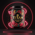 TITAN Strawberry Surge whey protein in a black tub with colorful, artistic strawberry graphics and golden crown logo.
