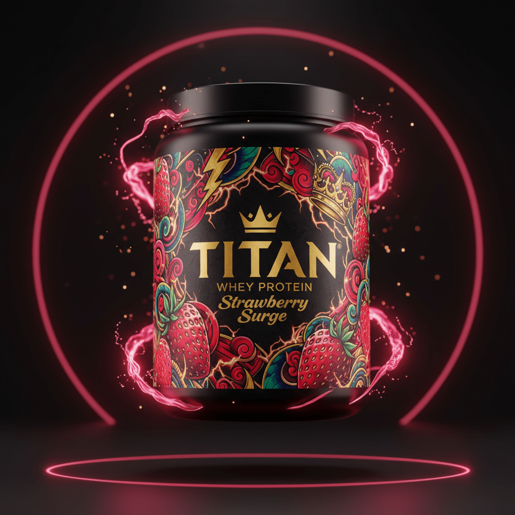 TITAN Strawberry Surge whey protein in a black tub with colorful, artistic strawberry graphics and golden crown logo.