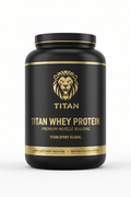 Black tub of TITAN Whey Protein with a gold lion logo, gold text, and luxury branding on a white background.