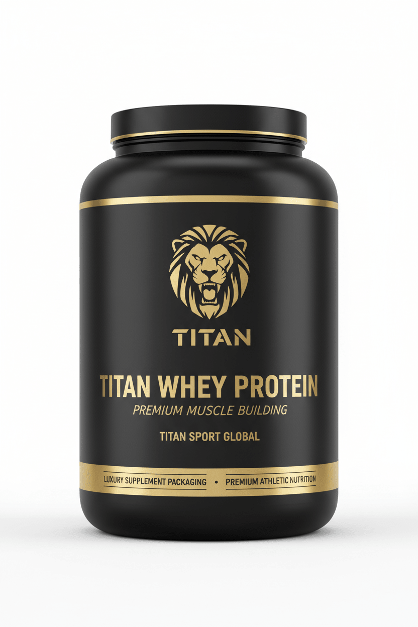 Black tub of TITAN Whey Protein with a gold lion logo, gold text, and luxury branding on a white background.
