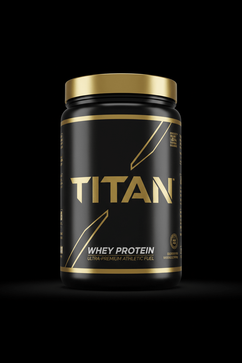 Black tub of TITAN Whey Protein with gold branding, text, and cap against a black background.