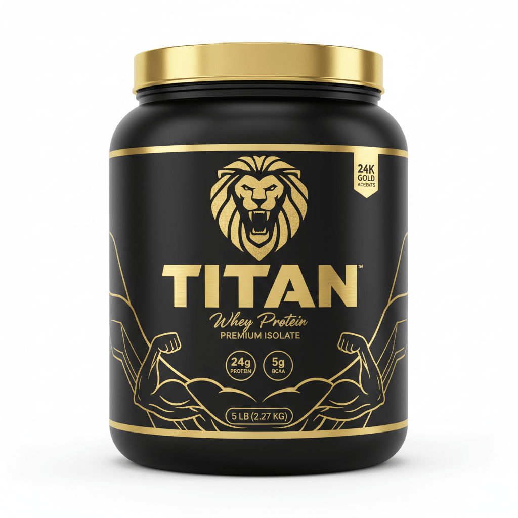 Black 5lb tub of TITAN Whey Protein Isolate with gold lion logo, bold typography, and gold cap on white background.
