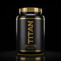 Matte black 5lb Titan Whey Protein tub with gold screw-top lid, gold vertical logo, and gold text on black background.