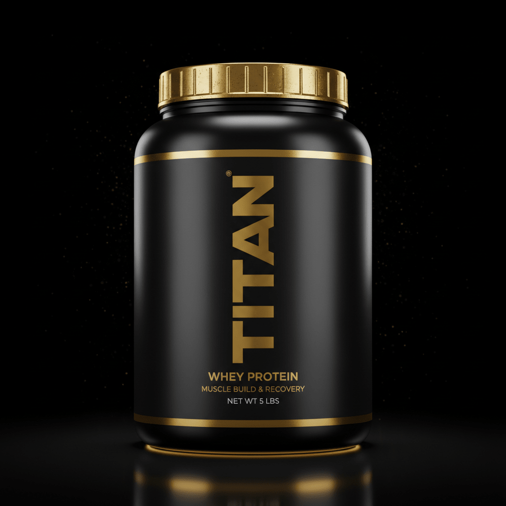 Matte black 5lb Titan Whey Protein tub with gold screw-top lid, gold vertical logo, and gold text on black background.