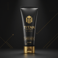 Matte black TITAN whitening toothpaste tube with gold branding, text, and cap against a dark geometric background.