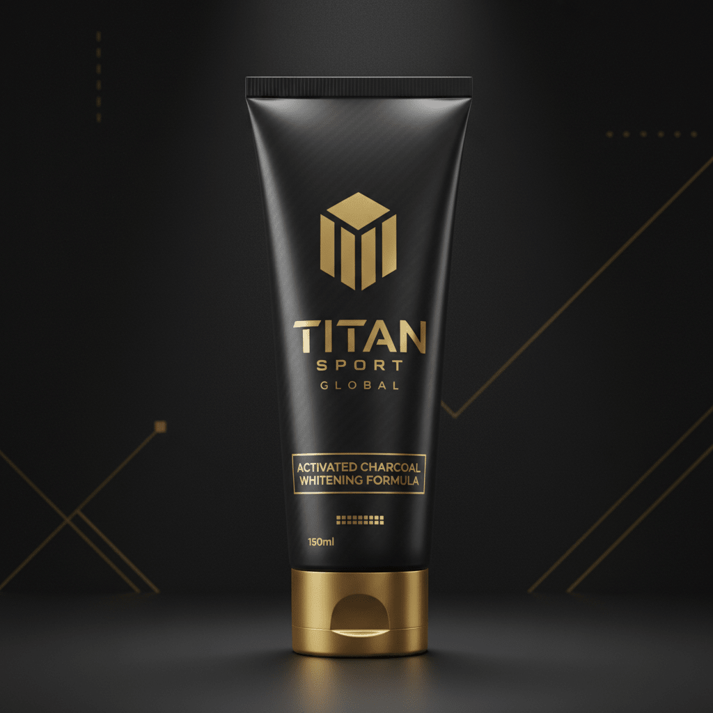 Matte black TITAN whitening toothpaste tube with gold branding, text, and cap against a dark geometric background.