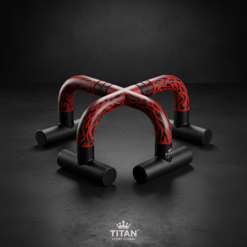 Titan Sport Global wide grip push-up bars with red and black tribal-patterned frames on black T-shaped bases.