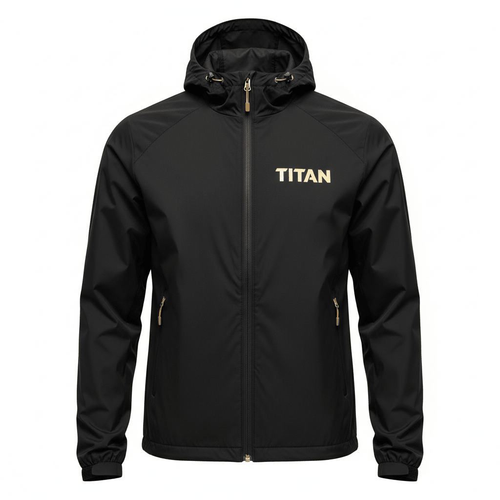 Black hooded Titan puffer jacket with gold logo and matching gold zipper pulls, isolated on white background.