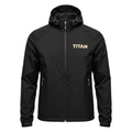 Black hooded Titan puffer jacket with gold logo and matching gold zipper pulls, isolated on white background.
