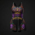 Black athletic dress featuring a gold crown, purple sunburst, roses, lotus flowers, and "QUEEN ENERGY" text.