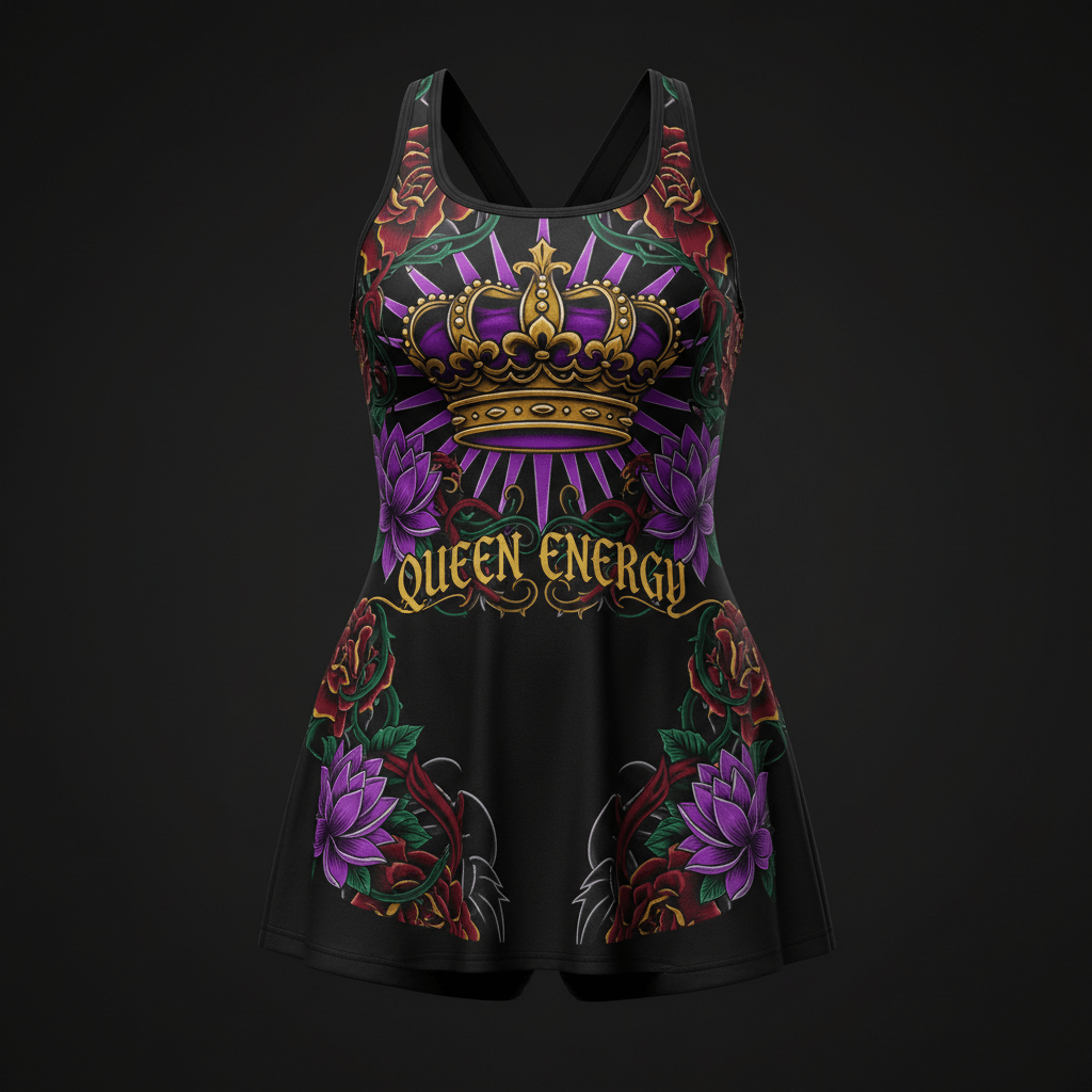 Black athletic dress featuring a gold crown, purple sunburst, roses, lotus flowers, and "QUEEN ENERGY" text.