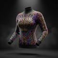 TITAN Women’s Crown Edition athletic zip-up jacket. Black base with gold, purple, and green royal tattoo-style print.