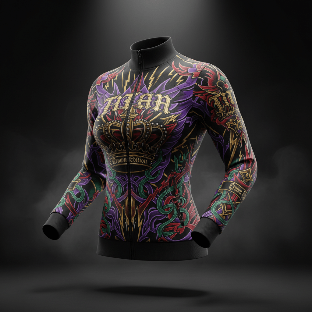 TITAN Women’s Crown Edition athletic zip-up jacket. Black base with gold, purple, and green royal tattoo-style print.