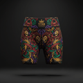 TITAN Women's Crown Edition biker shorts in black with colorful lion, crown, and lightning bolt graphic print.