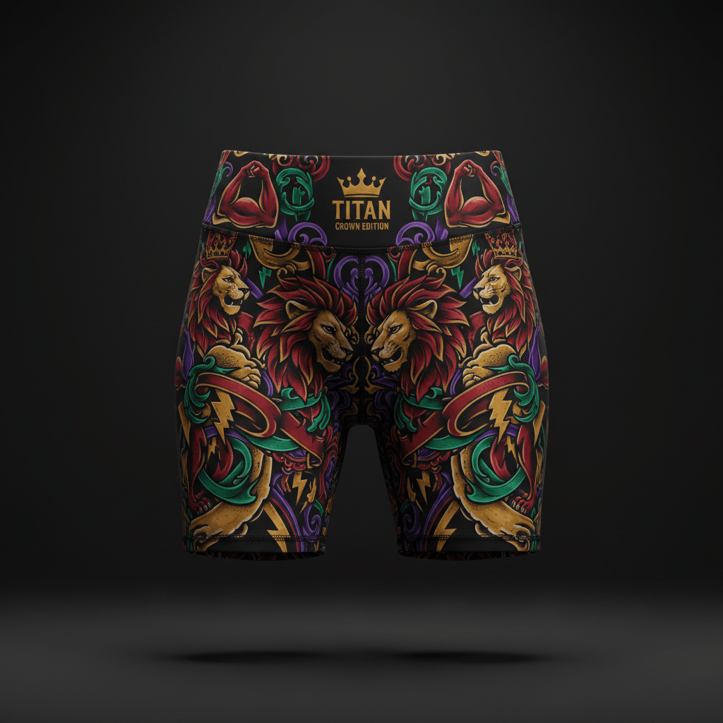 TITAN Women's Crown Edition biker shorts in black with colorful lion, crown, and lightning bolt graphic print.