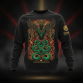 Black crewneck sweatshirt featuring a gold, green, and red Aztec-inspired serpent deity graphic with flames.