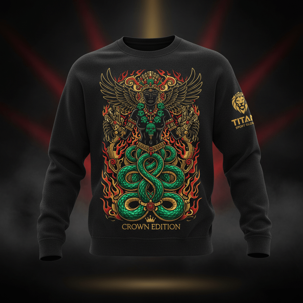 Black crewneck sweatshirt featuring a gold, green, and red Aztec-inspired serpent deity graphic with flames.