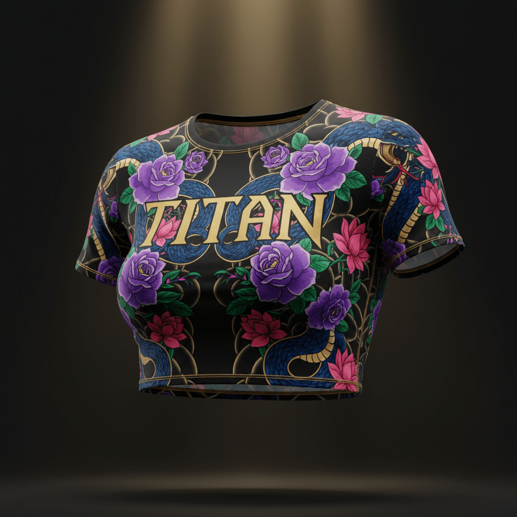 Black women’s crop tee with gold "TITAN" logo, featuring a colorful snake and floral print with purple roses.