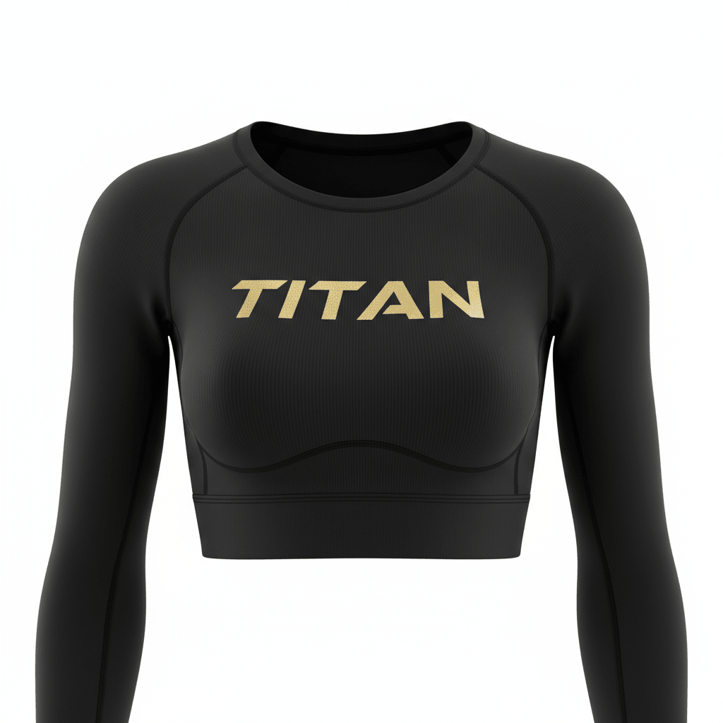 Black long-sleeve ribbed crop top with gold TITAN logo across the chest, featuring a scoop neckline.