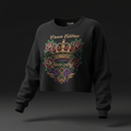 Black women's cropped sweatshirt with gold "Crown Edition" and "Queen energy" text, crown, and rose graphic.