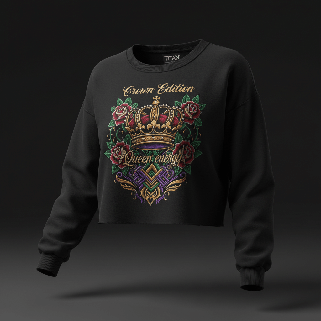Black women's cropped sweatshirt with gold "Crown Edition" and "Queen energy" text, crown, and rose graphic.