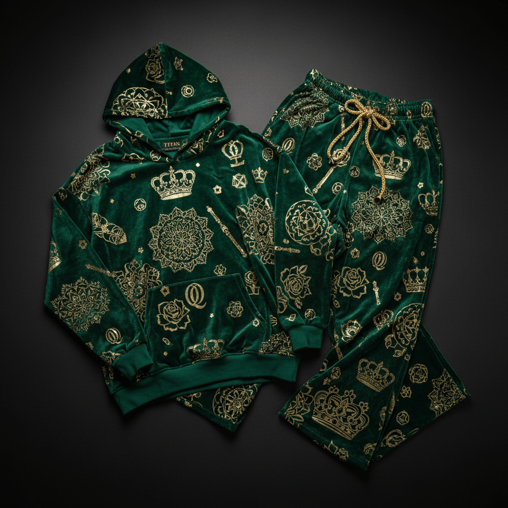 Emerald green velour lounge set with gold crown, floral, and mandala print, featuring a hooded sweatshirt and pants.