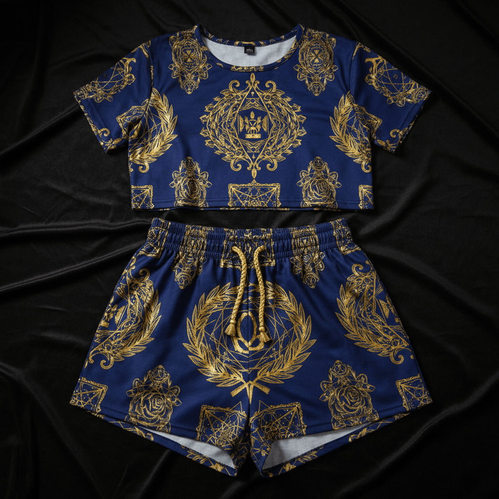 Royal blue women’s lounge set with metallic gold crown and wreath print. Includes crop top and drawstring shorts.